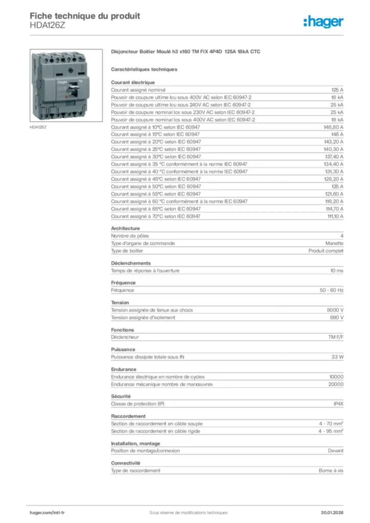 Image Hager Fiche technique du produit HDA126Z | Hager Afrique