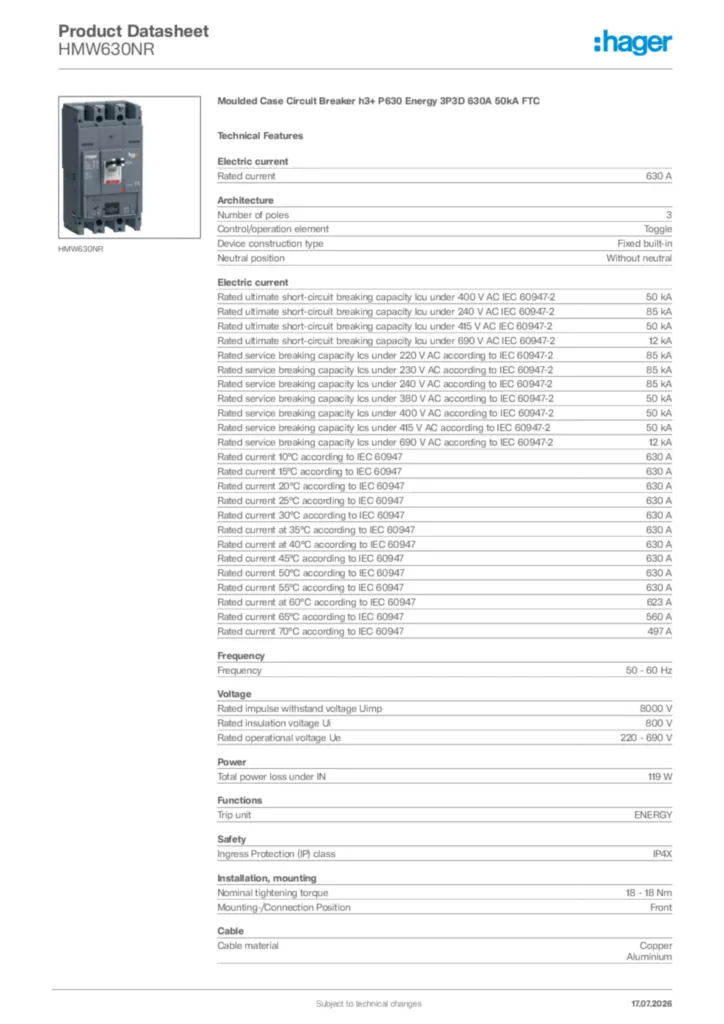 Image Hager Product data sheet HMW630NR  | Hager Africa