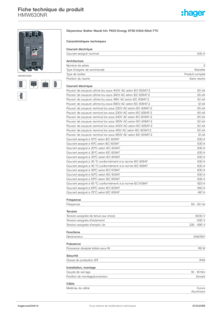 Image Hager Fiche technique du produit HMW630NR | Hager Afrique