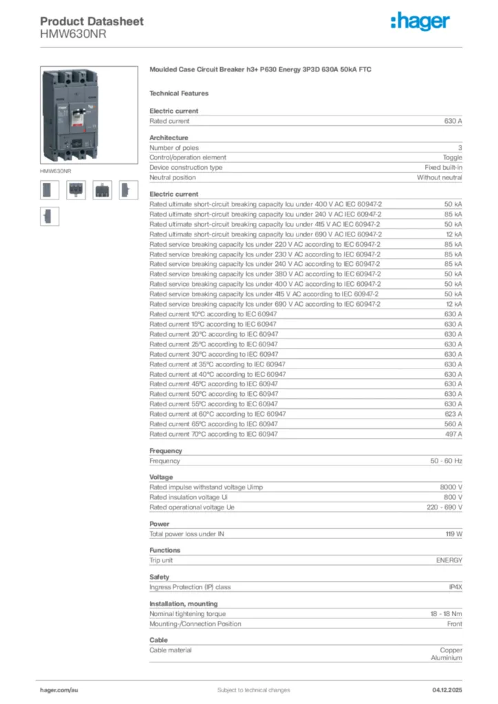 Image Hager Product data sheet HMW630NR  | Hager Australia