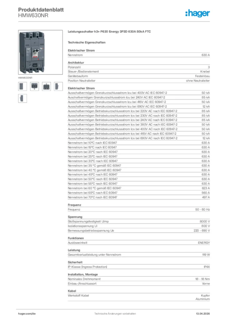 Bild Hager Produktdatenblatt HMW630NR | Hager Deutschland