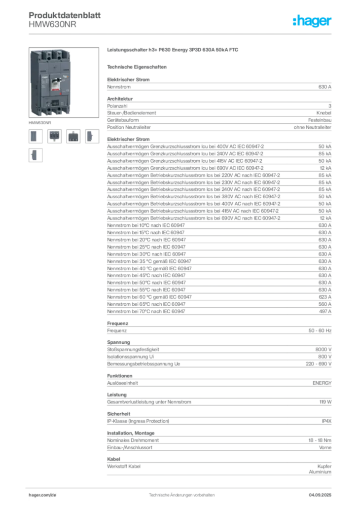 Bild Hager Produktdatenblatt HMW630NR | Hager Deutschland