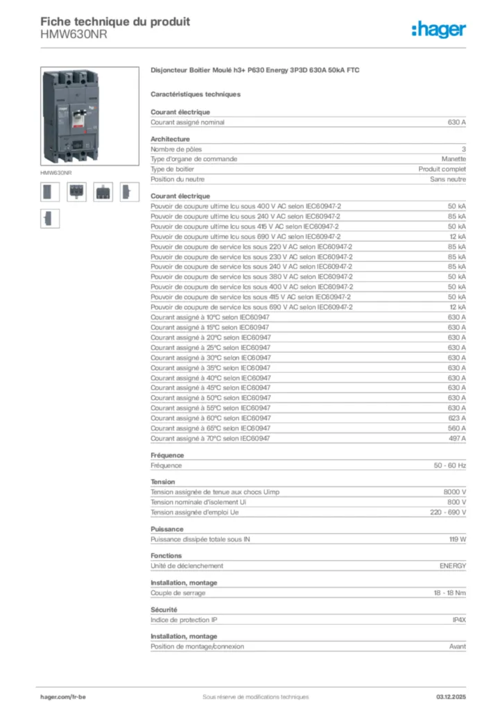 Image Hager Fiche technique du produit HMW630NR | Hager Belgique