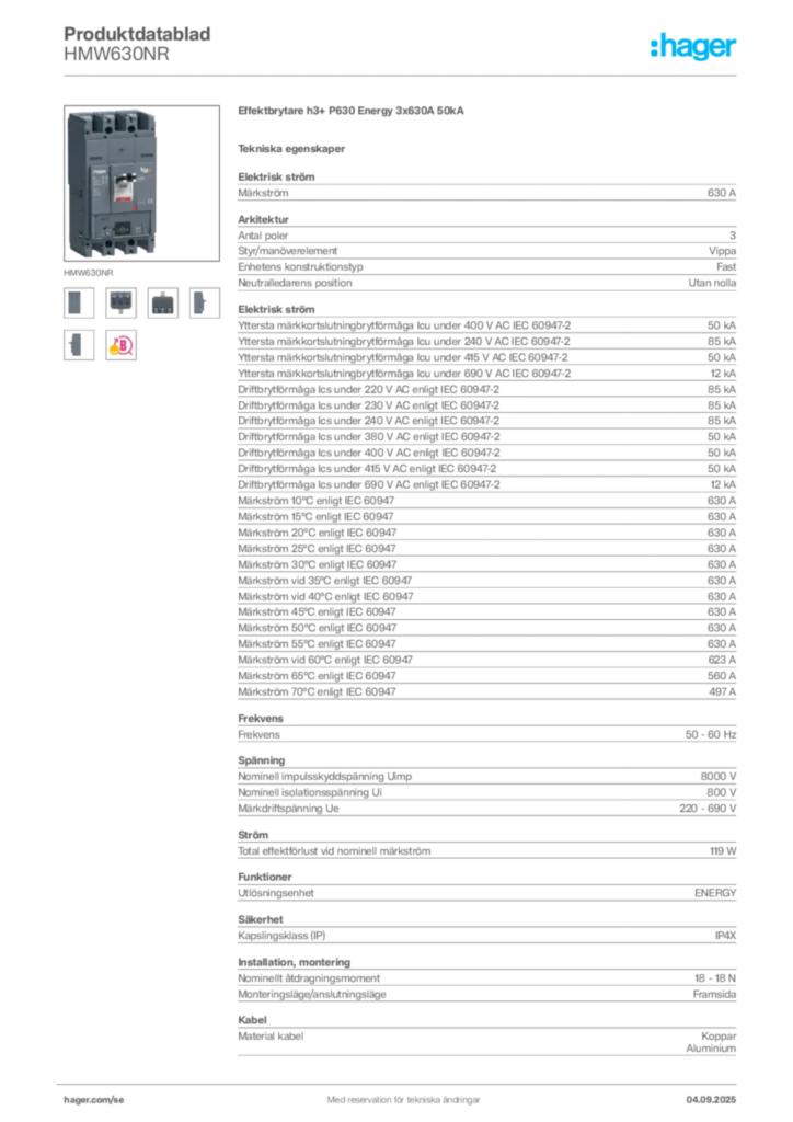 Bild Hager Produktdatablad HMW630NR | Hager Sverige
