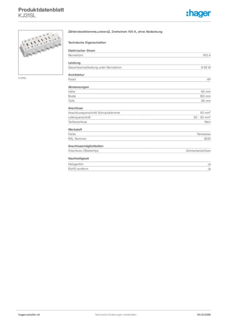 Bild Hager Produktdatenblatt KJ31SL | Hager Schweiz