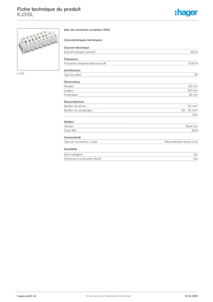 Image Hager Fiche technique du produit KJ31SL | Hager Suisse