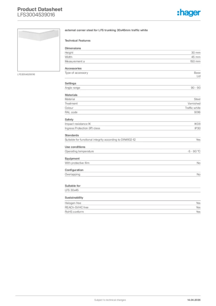 Image Hager Product data sheet LFS3004539016  | Hager Africa
