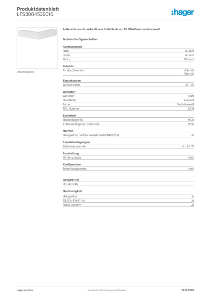 Bild Hager Produktdatenblatt LFS3004539016 | Hager Deutschland