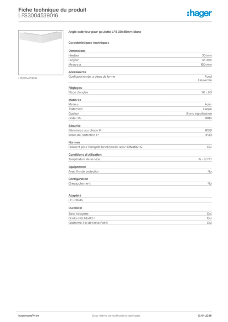 Image Hager Fiche technique du produit LFS3004539016 | Hager Belgique