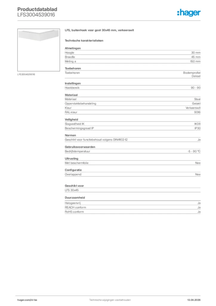 Afbeelding Hager Productdatablad LFS3004539016 | Hager Belgium