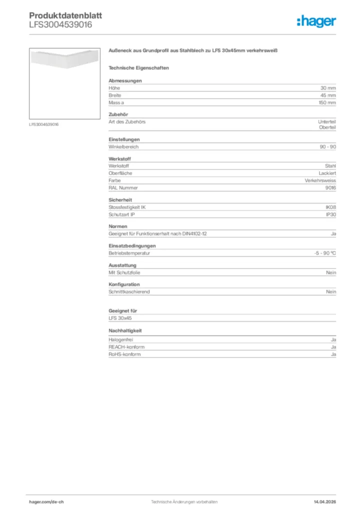 Bild Hager Produktdatenblatt LFS3004539016 | Hager Schweiz