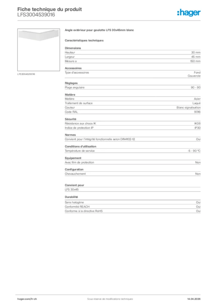 Image Hager Fiche technique du produit LFS3004539016 | Hager Suisse