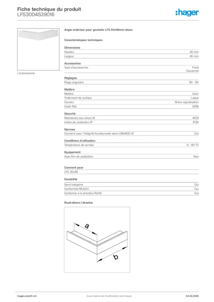 Image Hager Fiche technique du produit LFS3004539016 | Hager Suisse