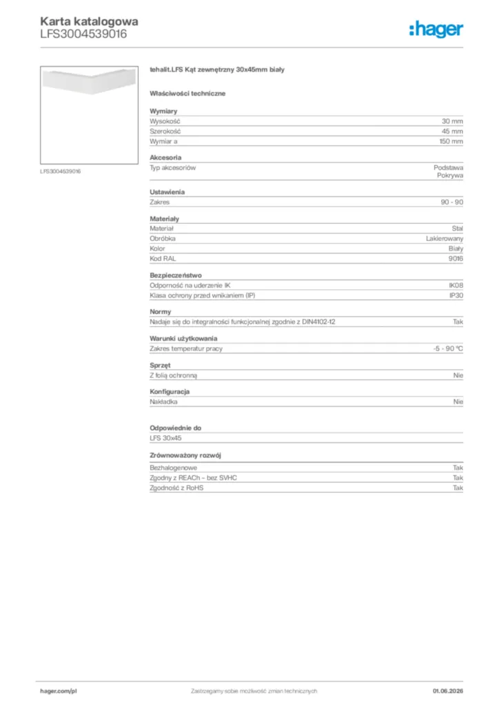 Zdjęcie Hager Karta katalogowa LFS3004539016 | Hager Polska