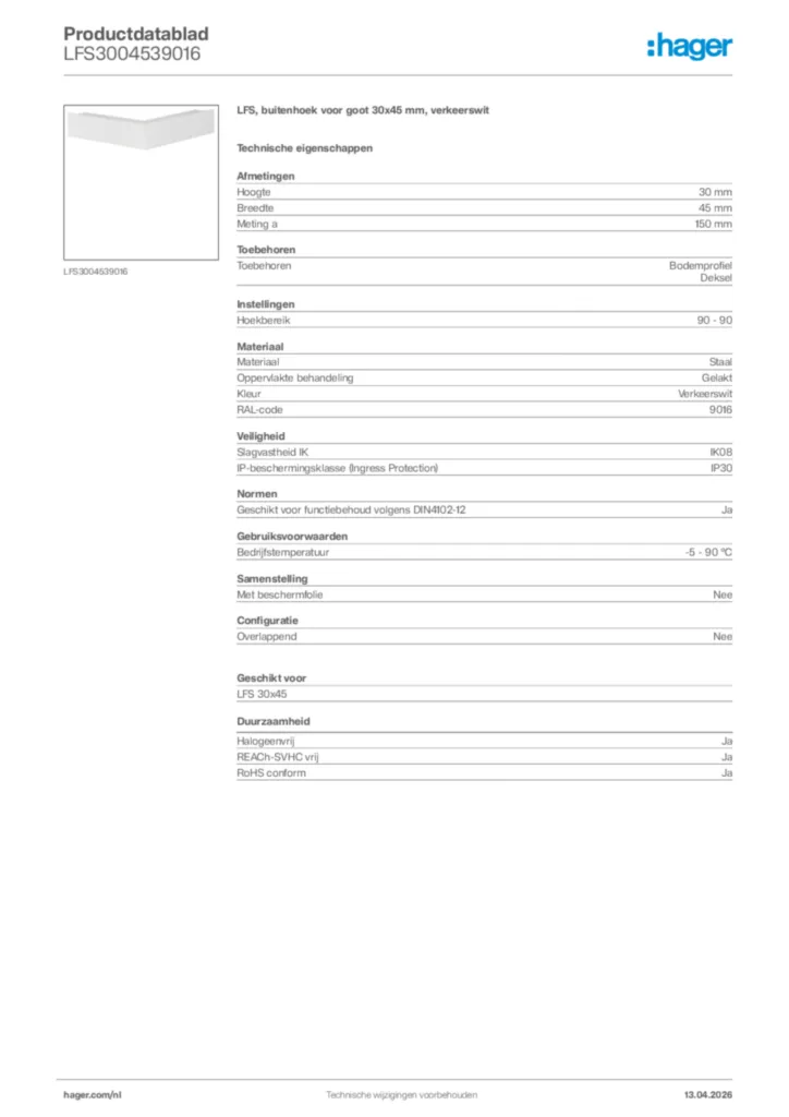 Afbeelding Hager Productdatablad LFS3004539016 | Hager Nederland
