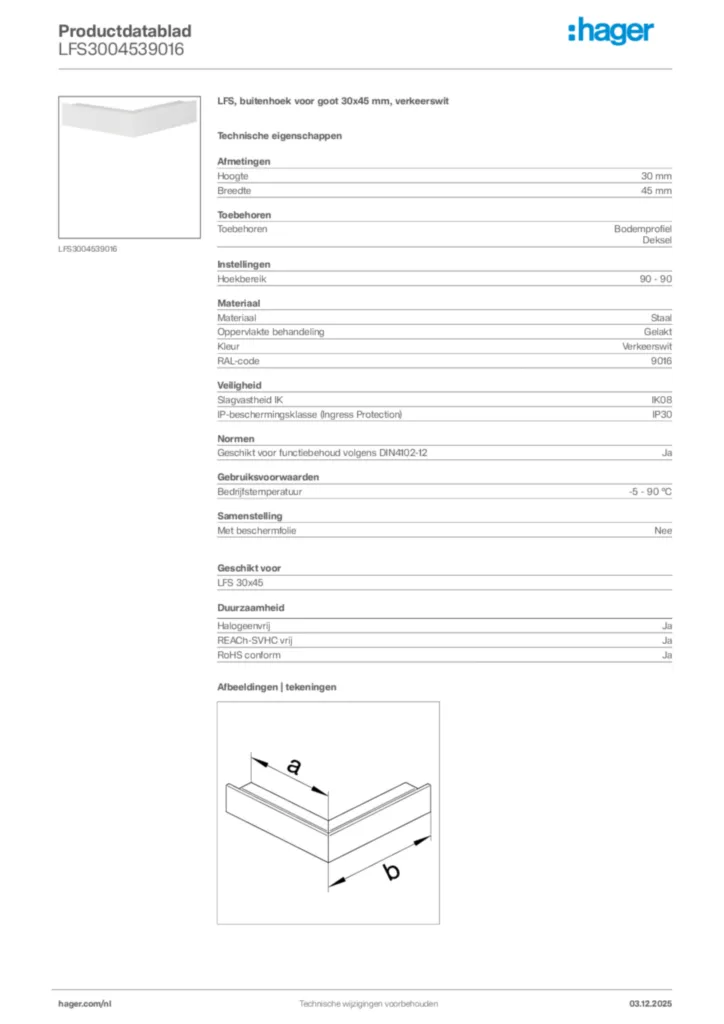 Afbeelding Hager Productdatablad LFS3004539016 | Hager Nederland