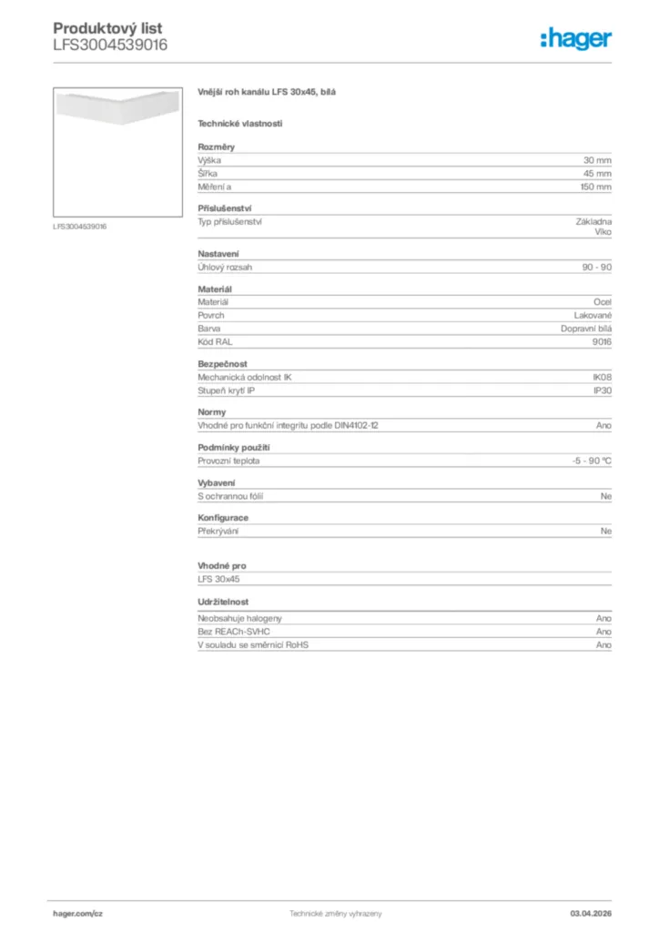 Obrázek Hager Product data sheet LFS3004539016 | Hager