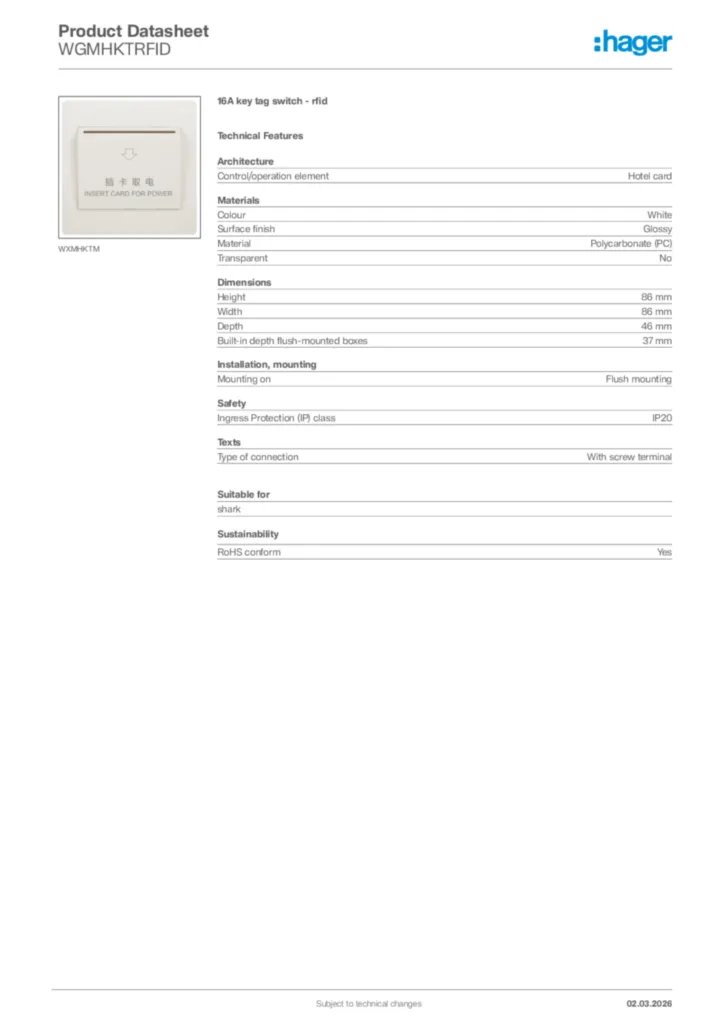 Image Hager Product data sheet WGMHKTRFID  | Hager