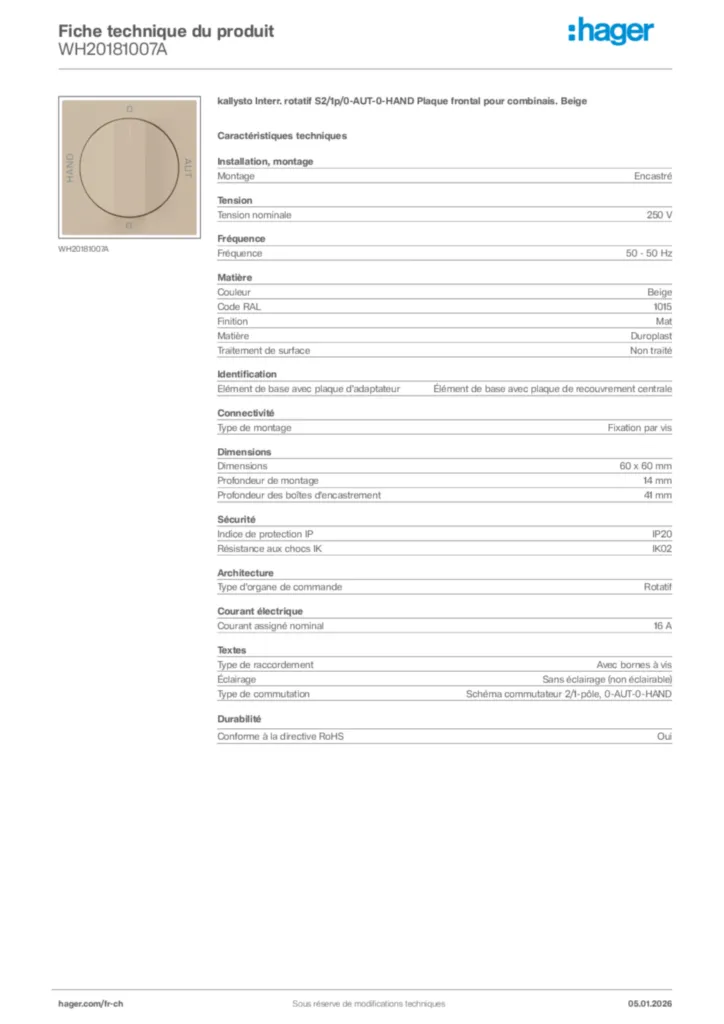 Image Hager Fiche technique du produit WH20181007A | Hager Suisse