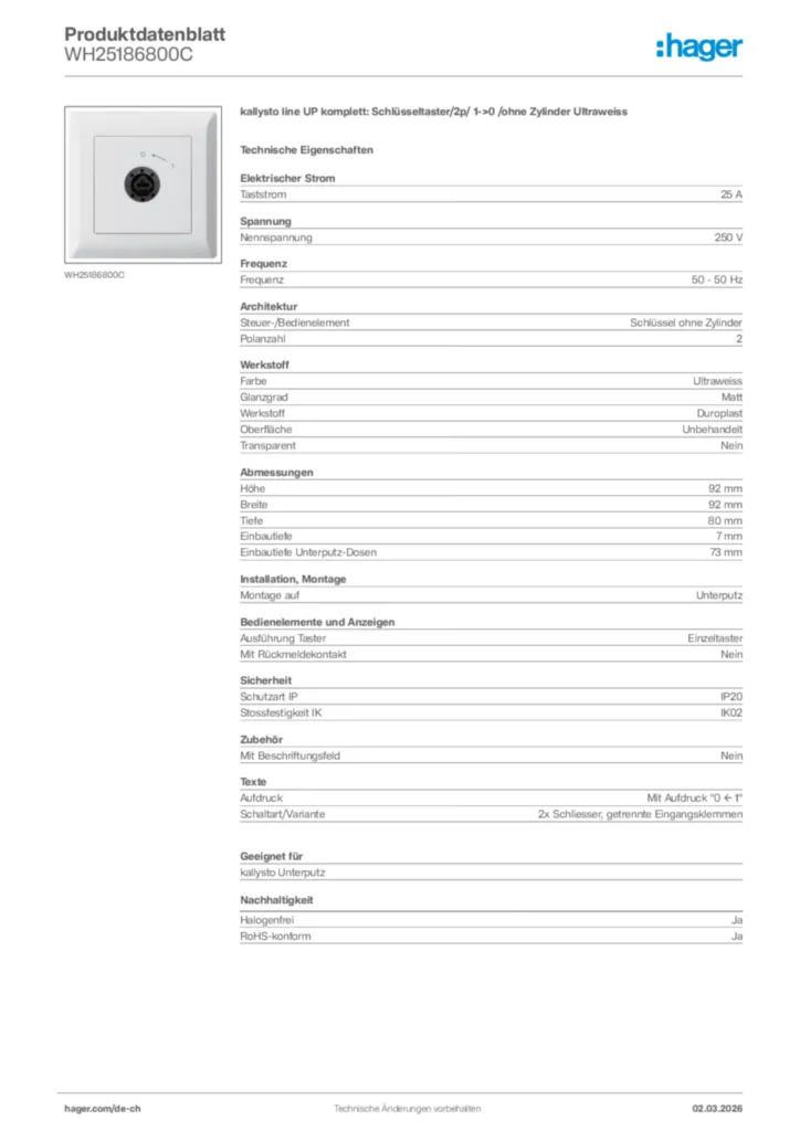 Bild Hager Produktdatenblatt WH25186800C | Hager Schweiz