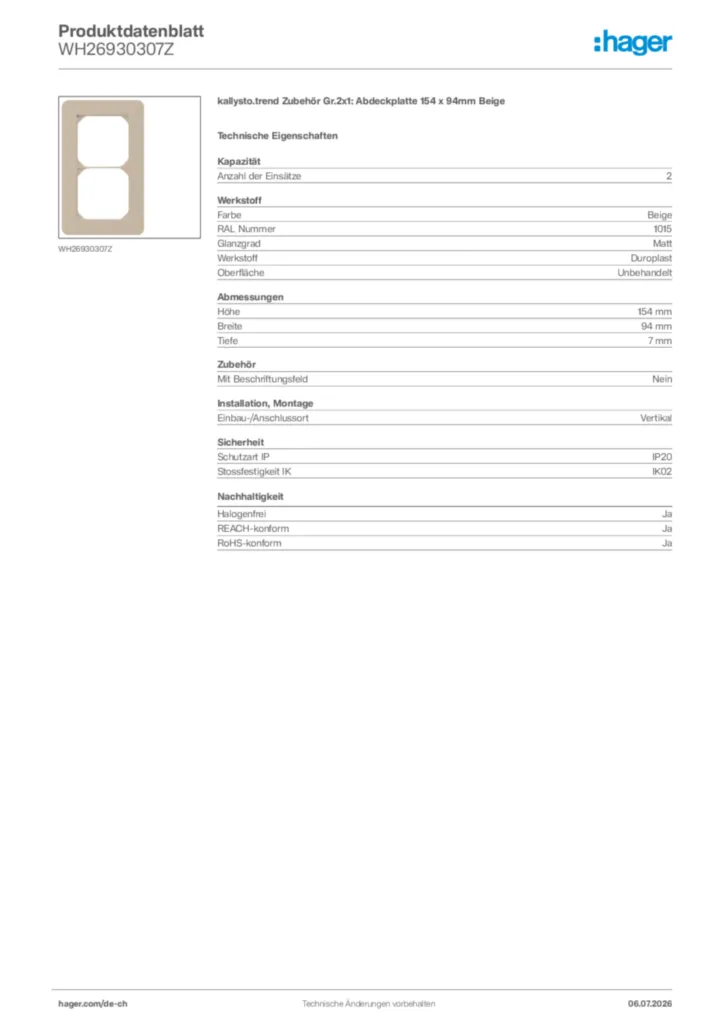 Bild Hager Produktdatenblatt WH26930307Z | Hager Schweiz