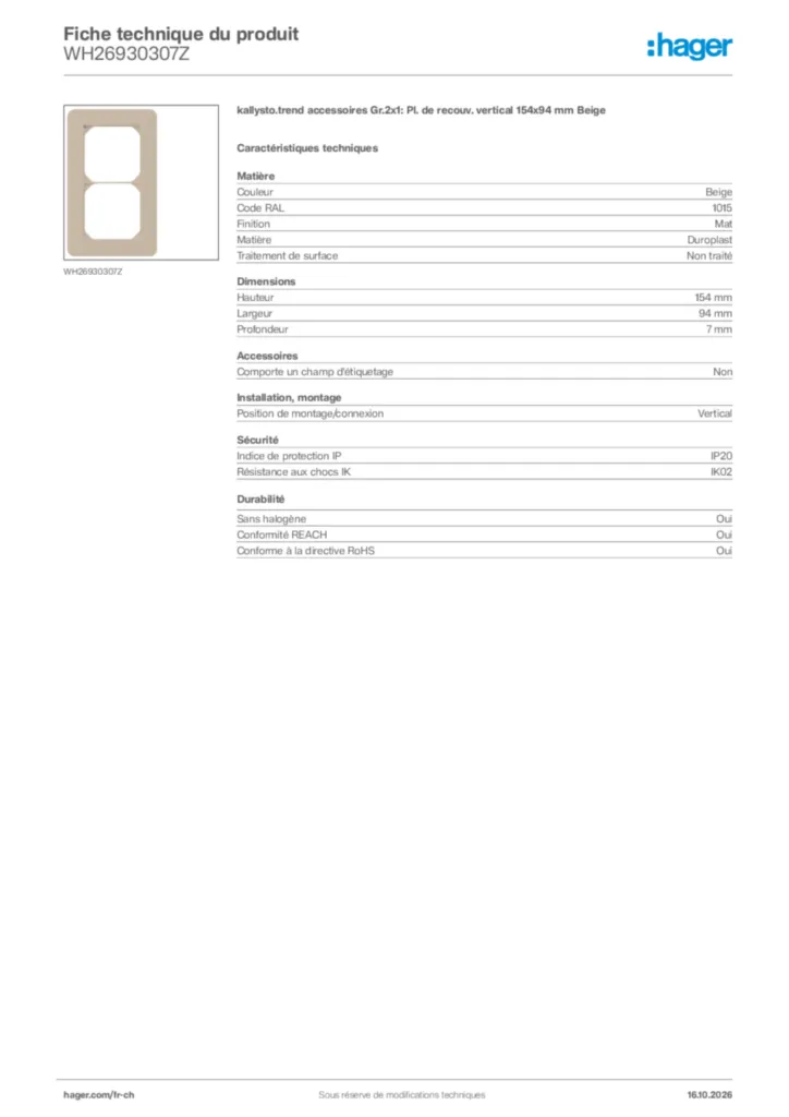 Image Hager Fiche technique du produit WH26930307Z | Hager Suisse