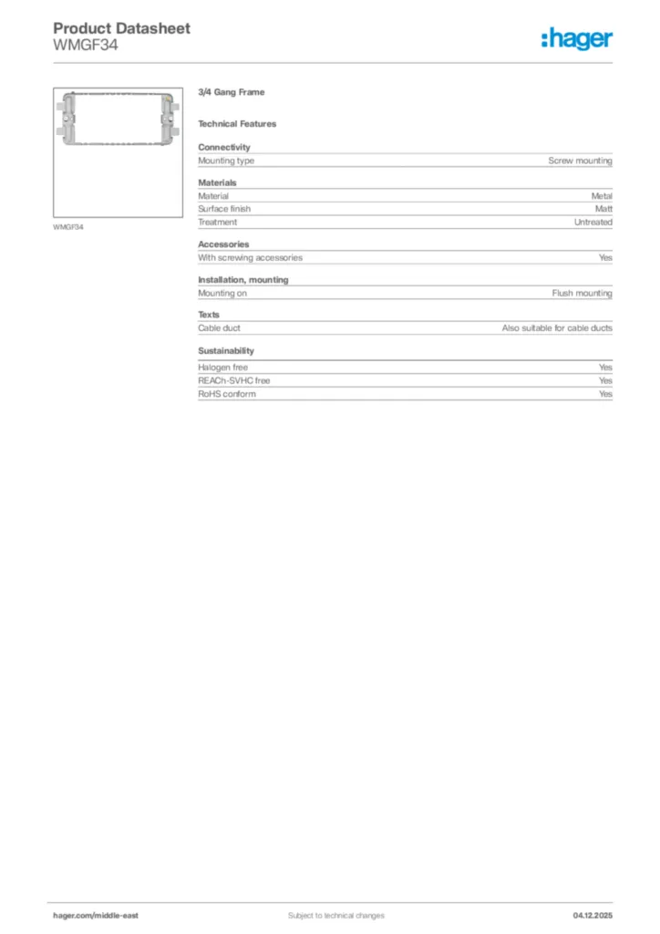 Image Hager Product data sheet WMGF34  | Hager