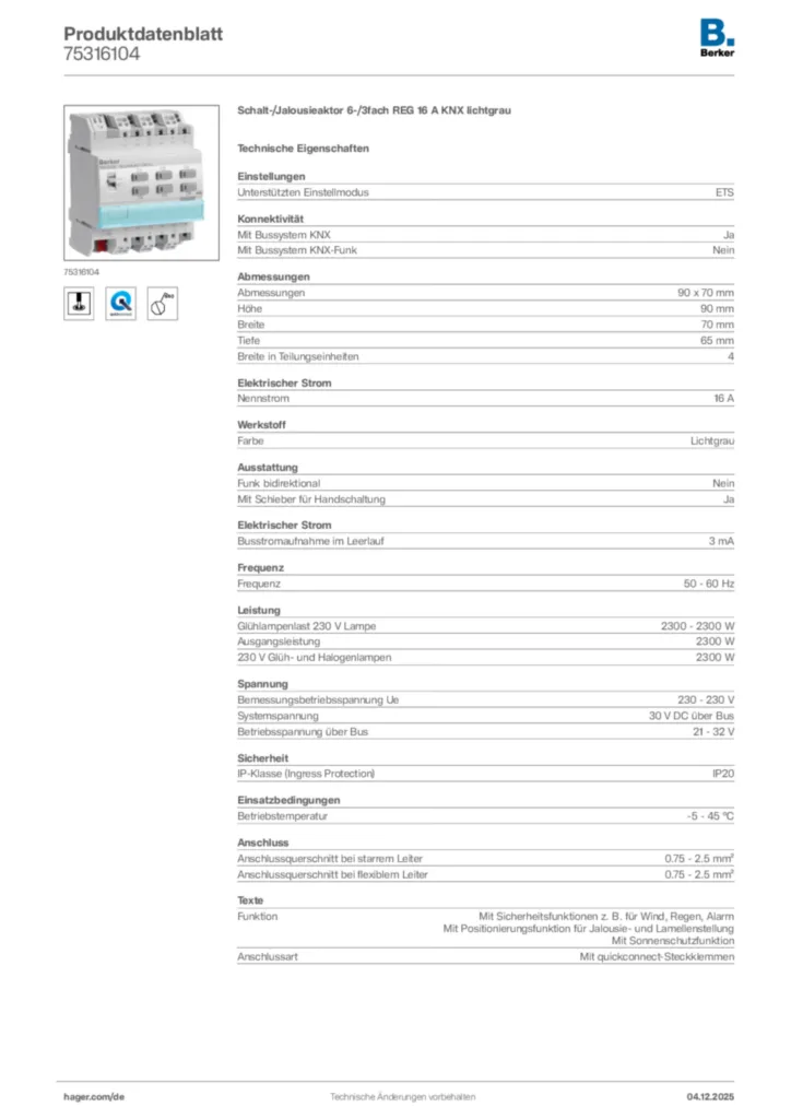 Bild Berker Produktdatenblatt 75316104 | Hager Deutschland