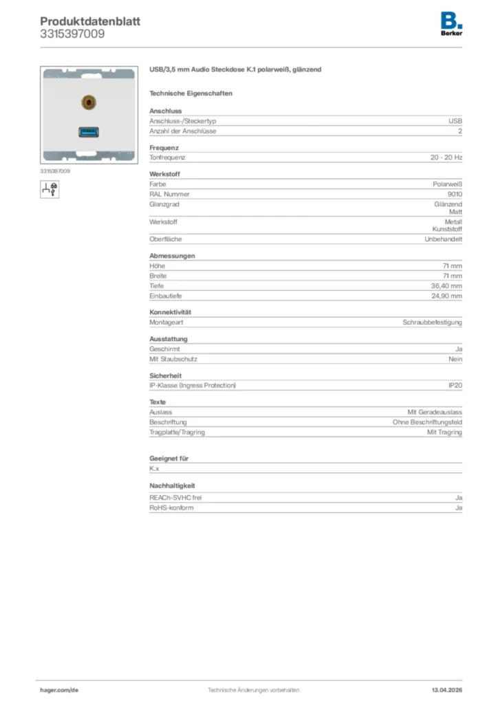 Bild Berker Produktdatenblatt 3315397009 | Hager Deutschland
