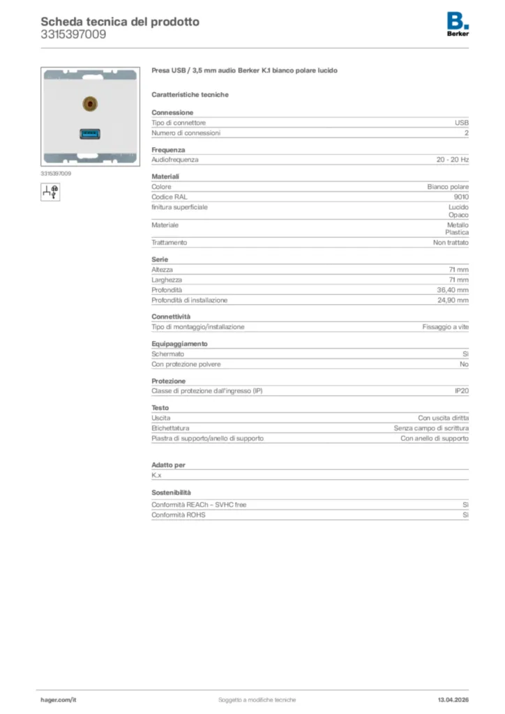 Immagine Berker Scheda tecnica del prodotto 3315397009 | Hager Italia