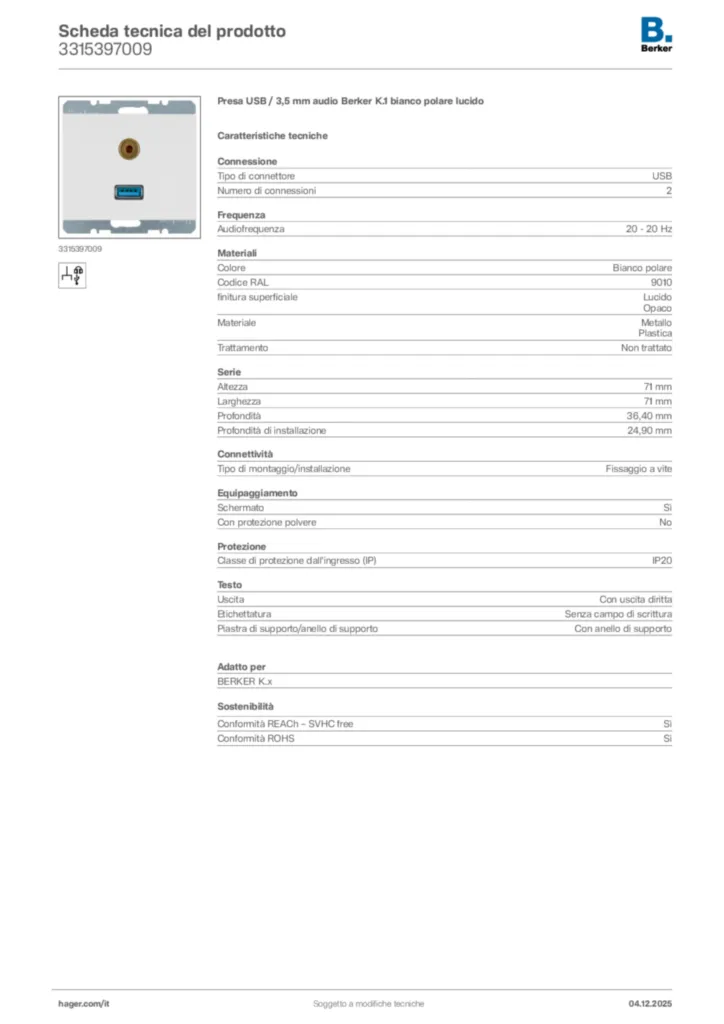 Immagine Berker Scheda tecnica del prodotto 3315397009 | Hager Italia