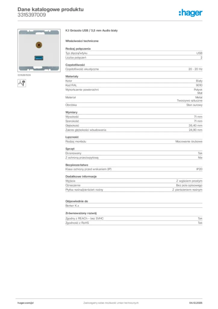 Zdjęcie Hager Dane katalogowe produktu 3315397009 | Hager Polska