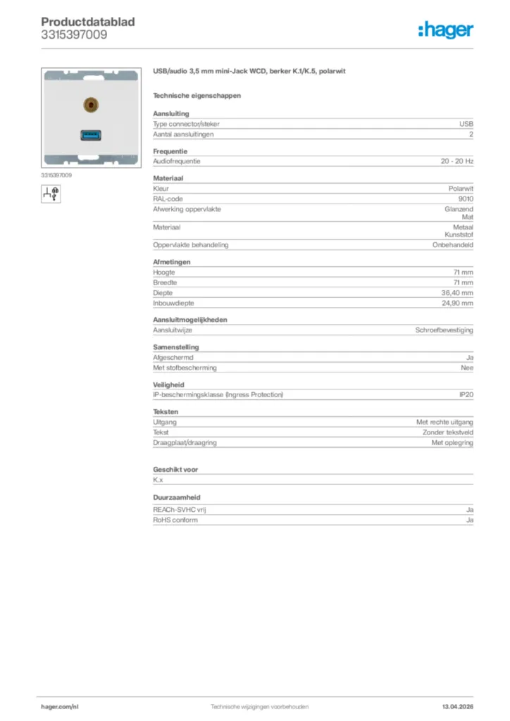 Afbeelding Hager Productdatablad 3315397009 | Hager Nederland