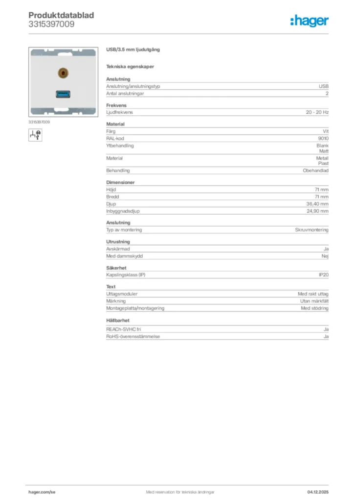 Bild Hager Produktdatablad 3315397009 | Hager Sverige