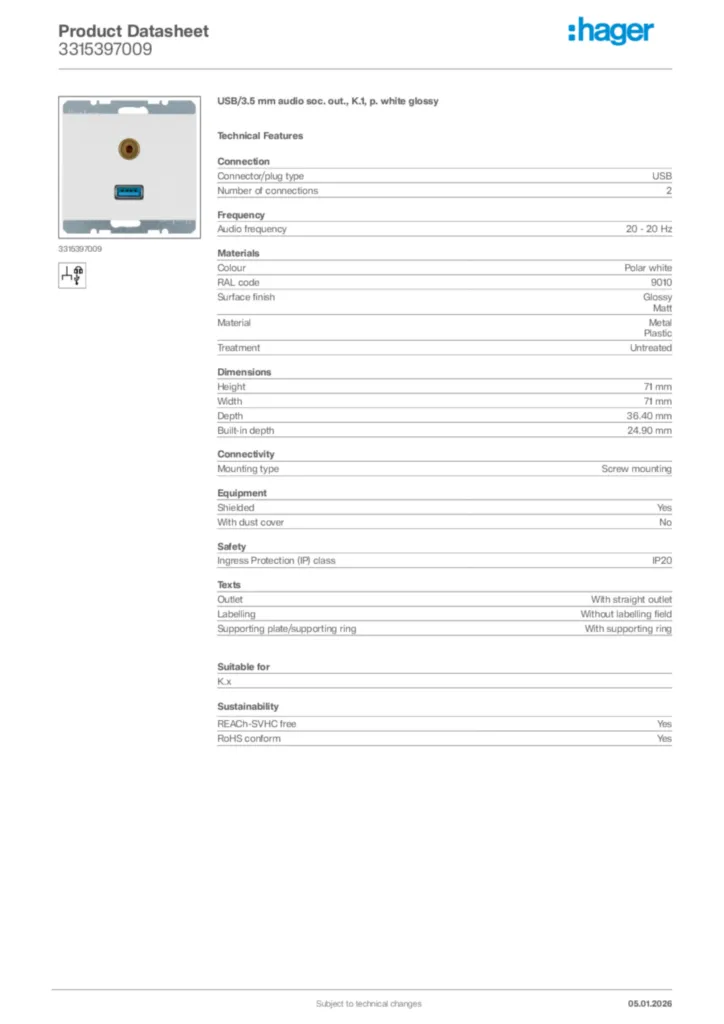 Image Hager Product data sheet 3315397009  | Hager