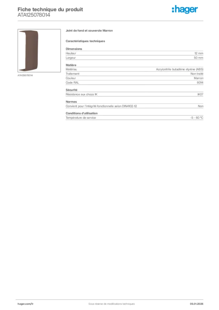 Image Hager Fiche technique du produit ATA125078014 | Hager France