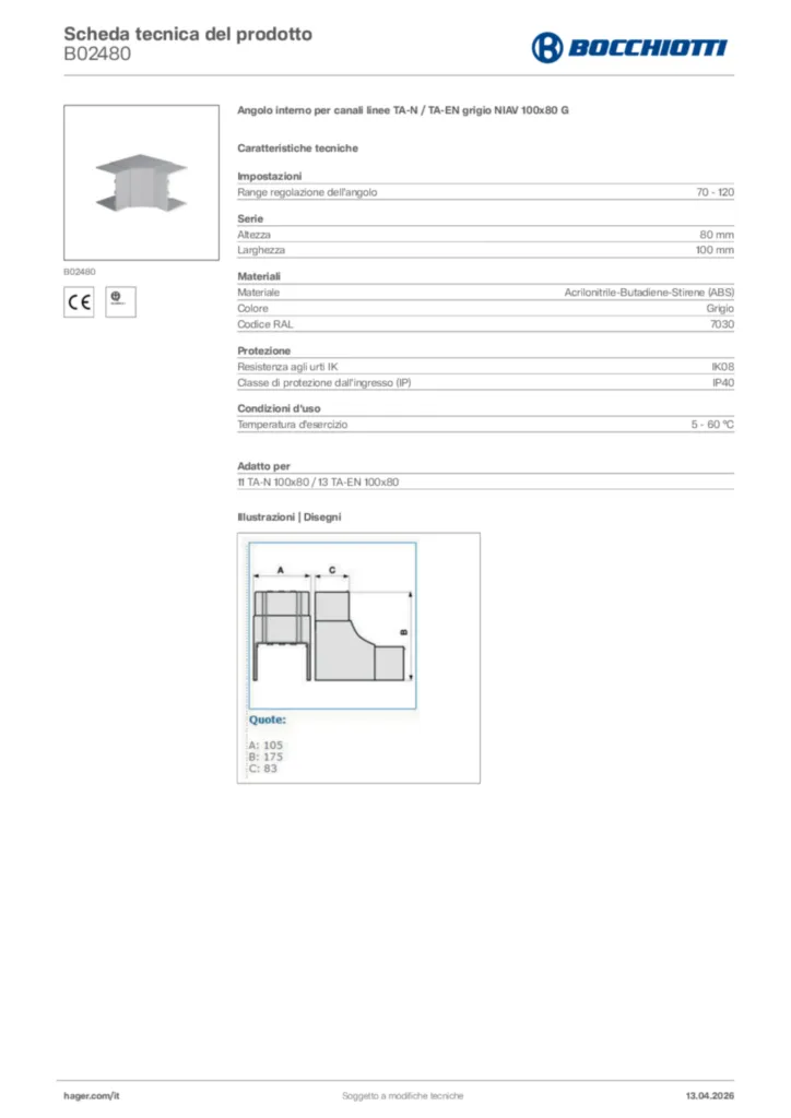 Immagine Bocchiotti Scheda tecnica del prodotto B02480 | Hager Italia