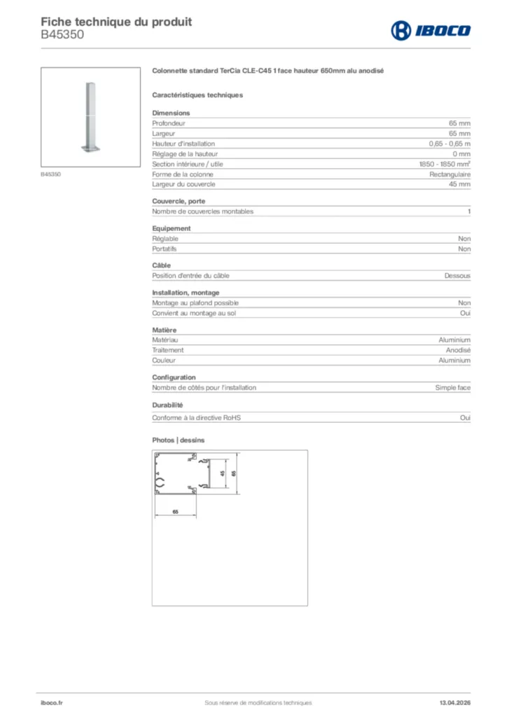 Image Iboco Fiche technique du produit B45350 | Hager France