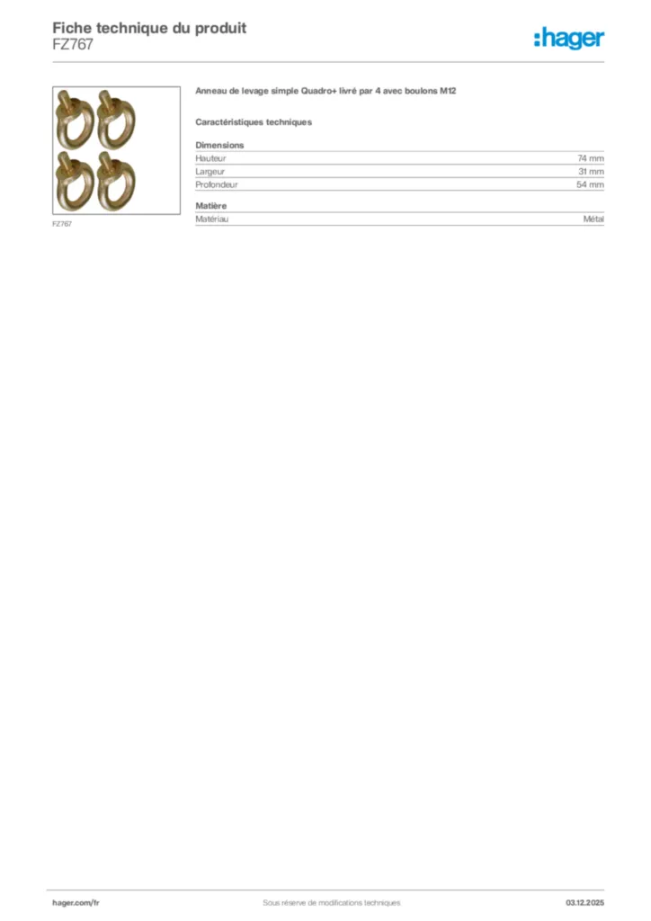 Image Hager Fiche technique du produit FZ767 | Hager France