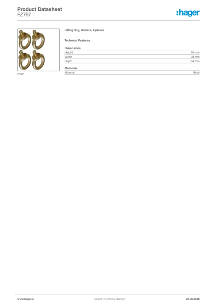 Image Hager Product data sheet FZ767  | Hager