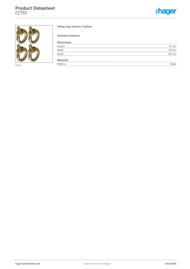 Image Hager Product data sheet FZ767  | Hager
