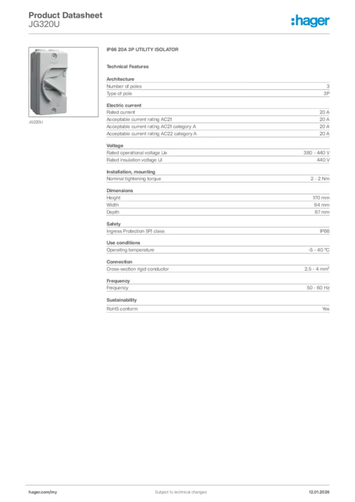 Image Hager Product data sheet JG320U  | Hager