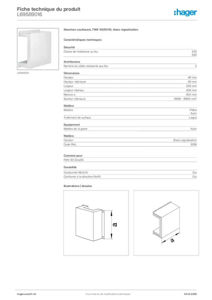 Image Hager Fiche technique du produit L69589016 | Hager Suisse