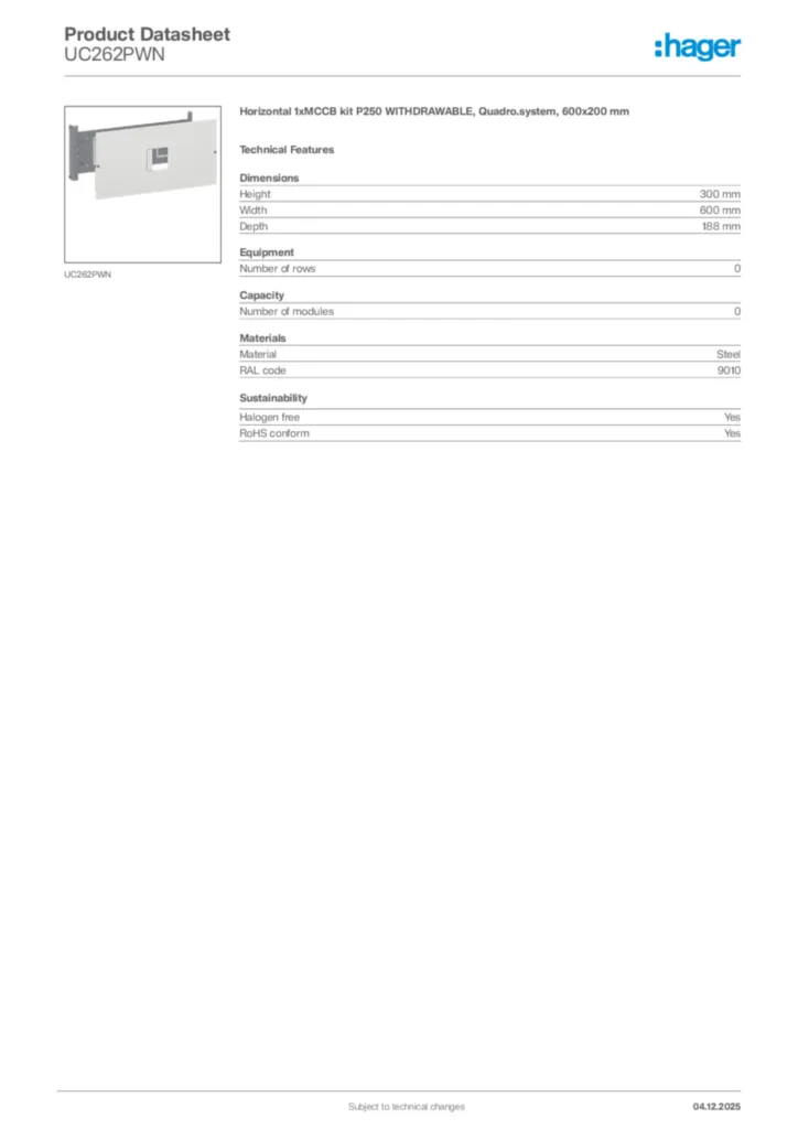 Image Hager Product data sheet UC262PWN  | Hager Africa