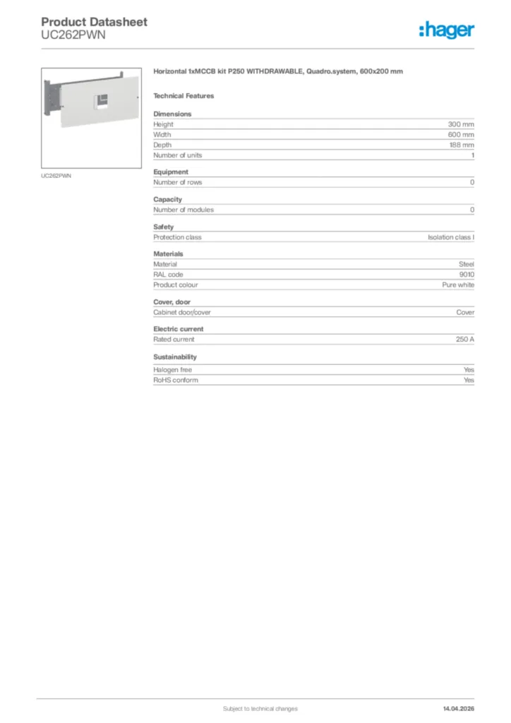 Image Hager Product data sheet UC262PWN  | Hager Africa