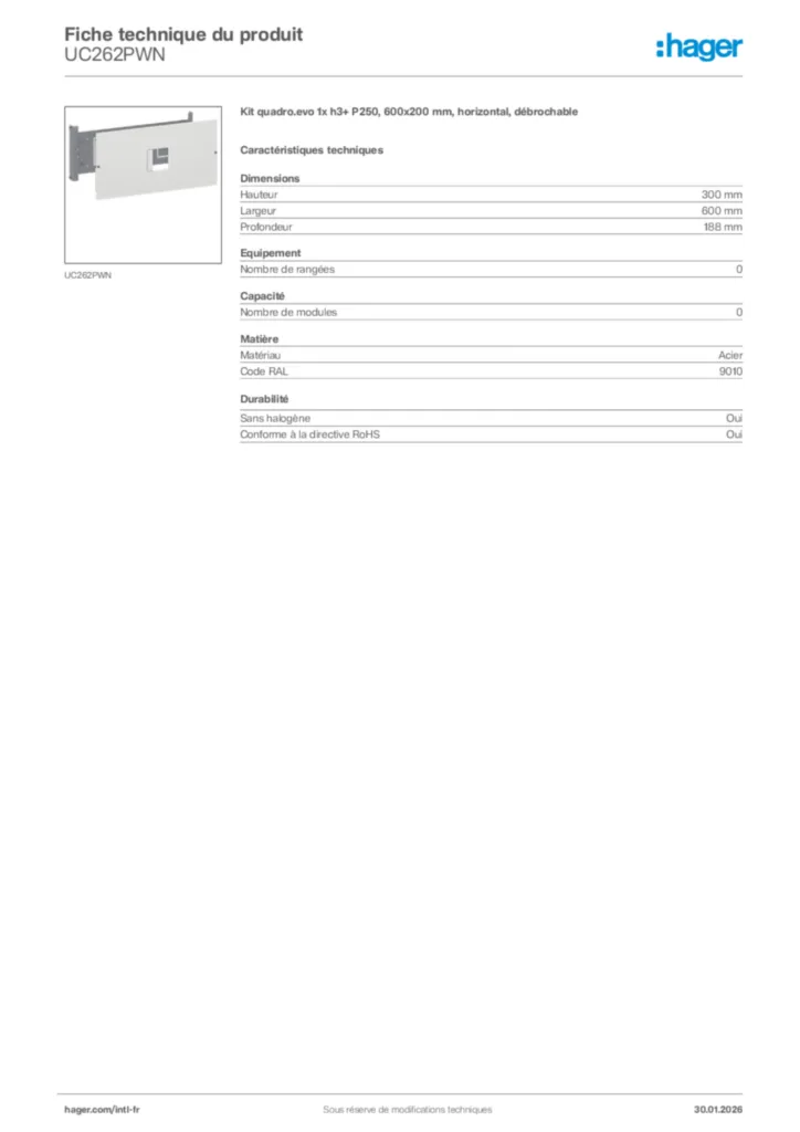 Image Hager Fiche technique du produit UC262PWN | Hager Afrique
