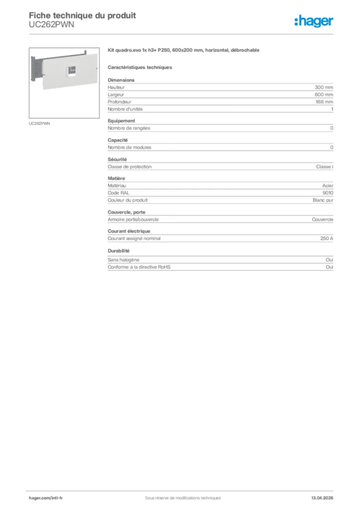 Image Hager Fiche technique du produit UC262PWN | Hager Afrique