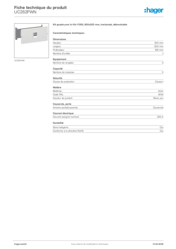 Image Hager Fiche technique du produit UC262PWN | Hager France