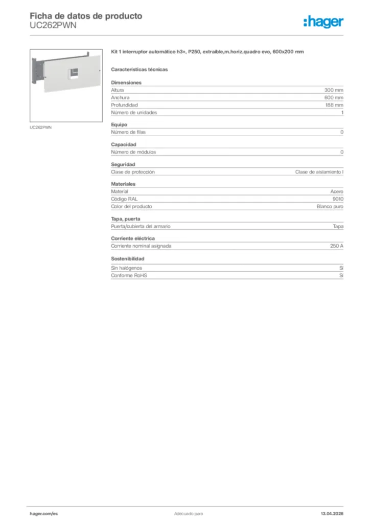 Imagen Hager Ficha de datos de producto UC262PWN | Hager España