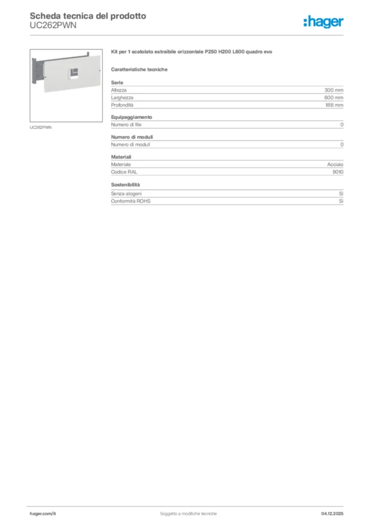 Immagine Hager Scheda tecnica del prodotto UC262PWN | Hager Italia